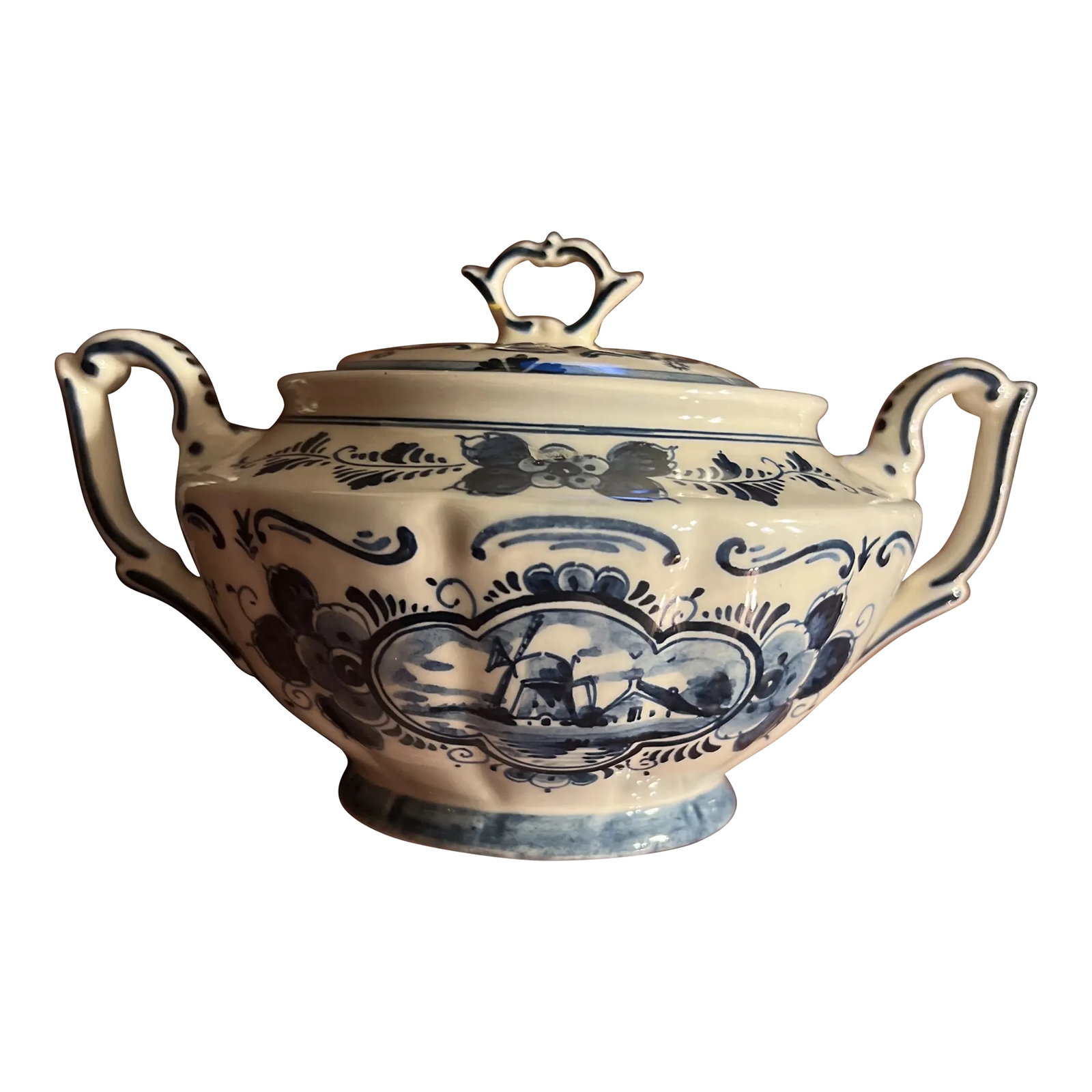 Vintage Hand Painted Delft Blue Large Covered Sugar Bowl, Signed: Hand Painted Delft Blue Large Covered Sugar Bowl Features: - made in Holland - signed as pictured on base - beautifully handpainted design - measures 4.5" height with lid; 7" length handle to handle;