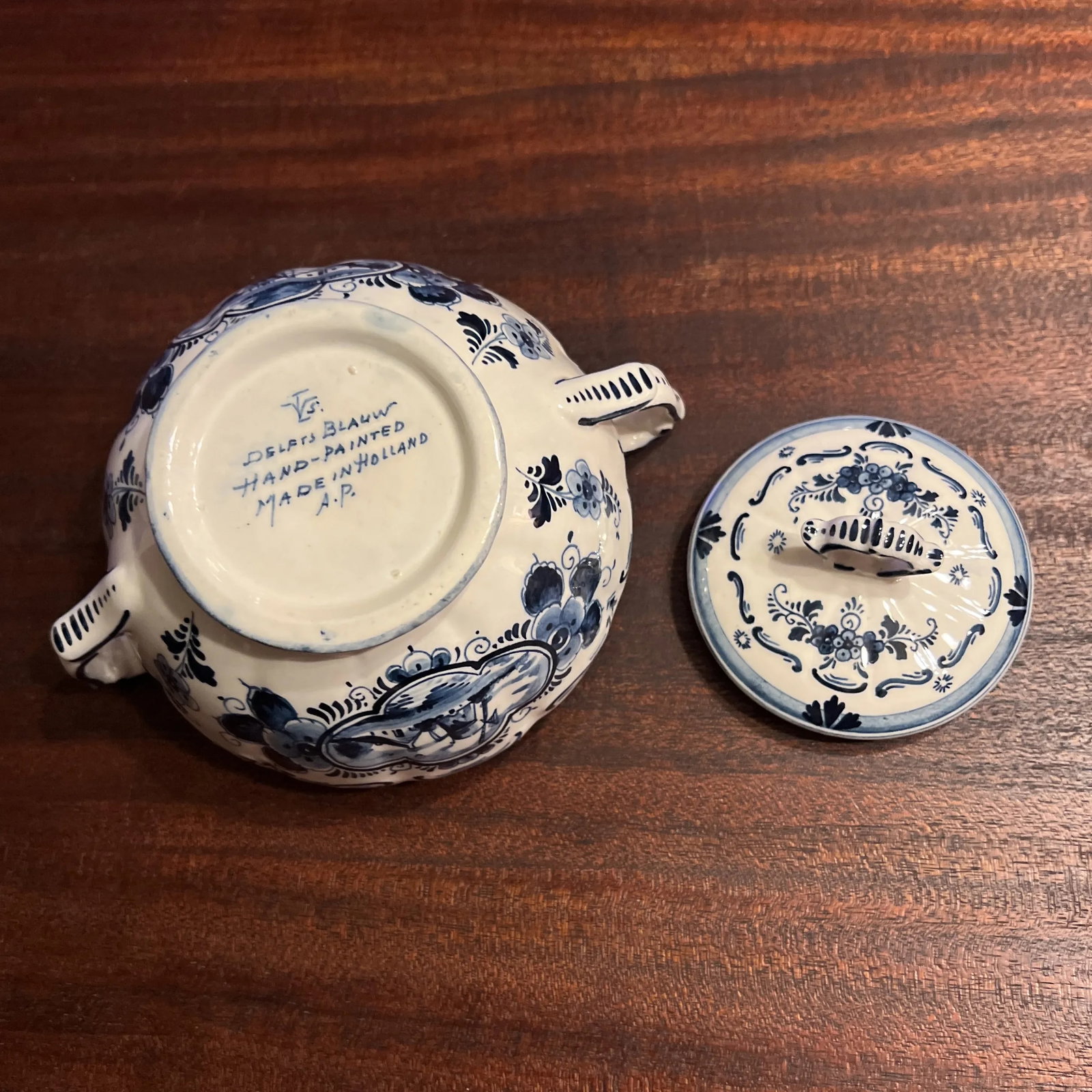 Vintage Hand Painted Delft Blue Large Covered Sugar Bowl, Signed - 2