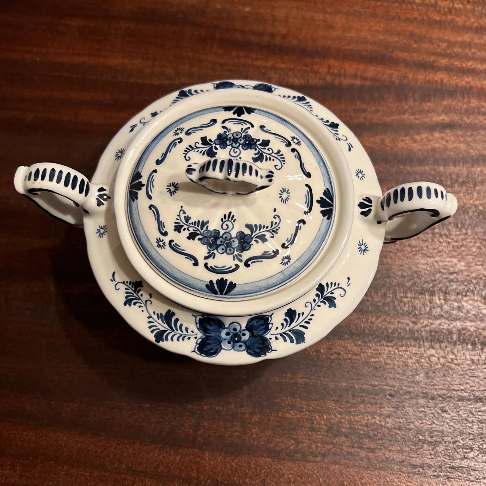 Vintage Hand Painted Delft Blue Large Covered Sugar Bowl, Signed - 3