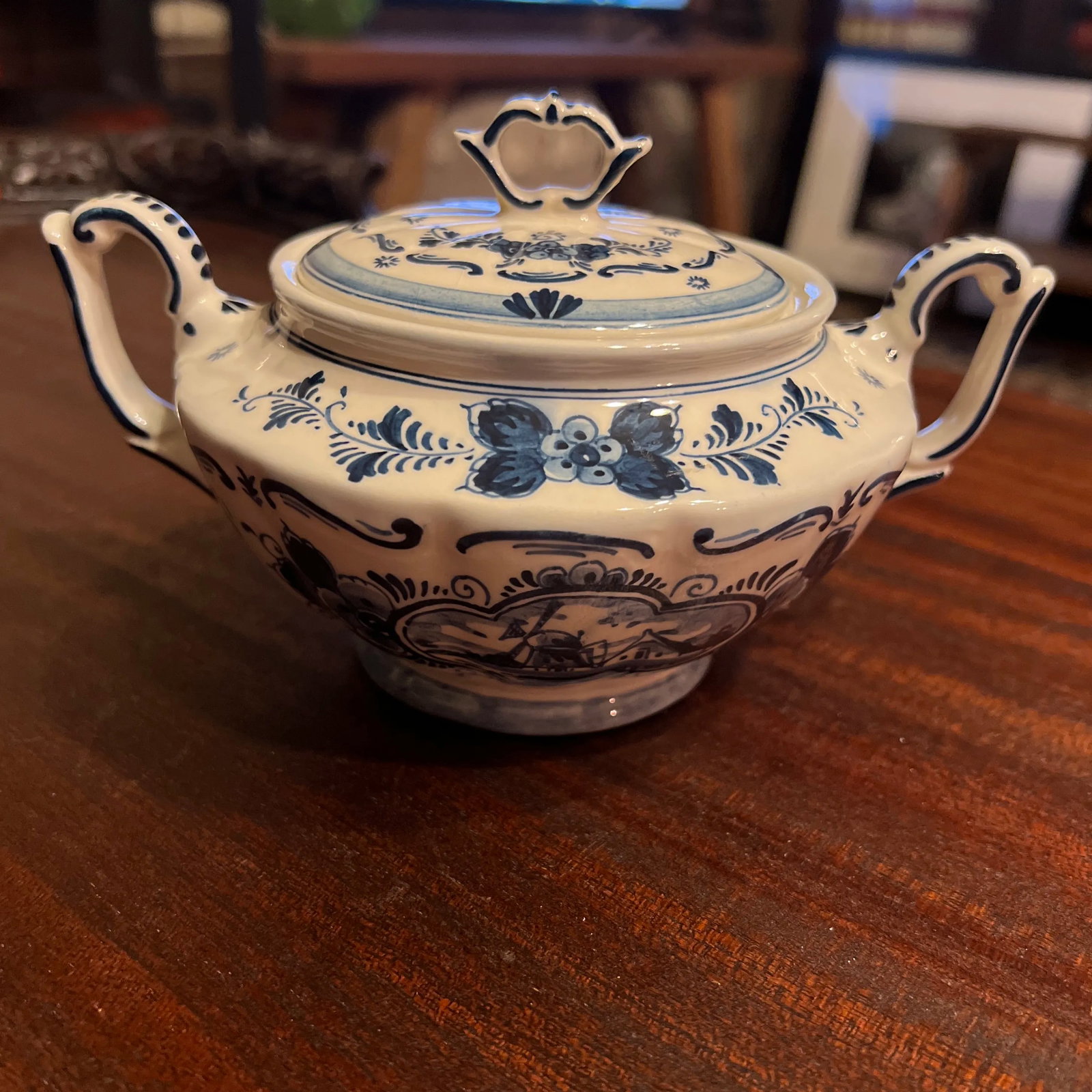 Vintage Hand Painted Delft Blue Large Covered Sugar Bowl, Signed - 4