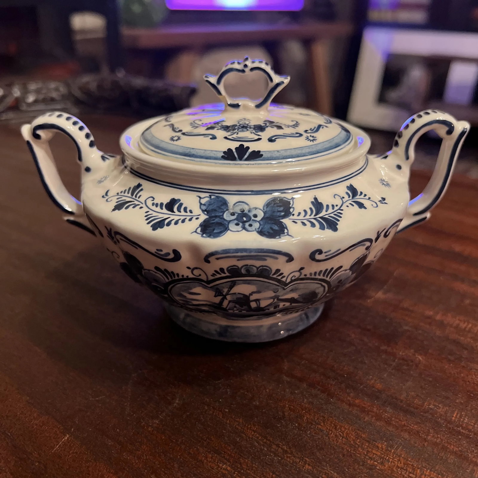 Vintage Hand Painted Delft Blue Large Covered Sugar Bowl, Signed - 5