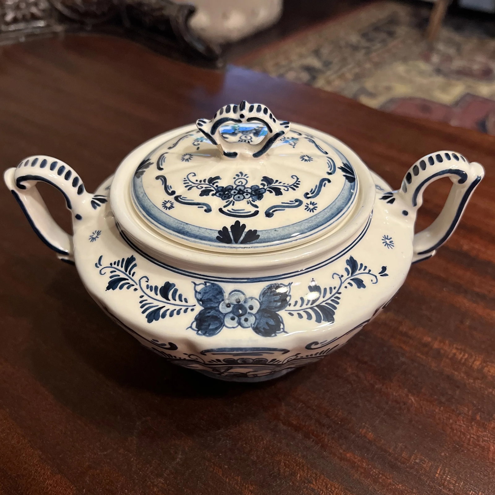 Vintage Hand Painted Delft Blue Large Covered Sugar Bowl, Signed - 6