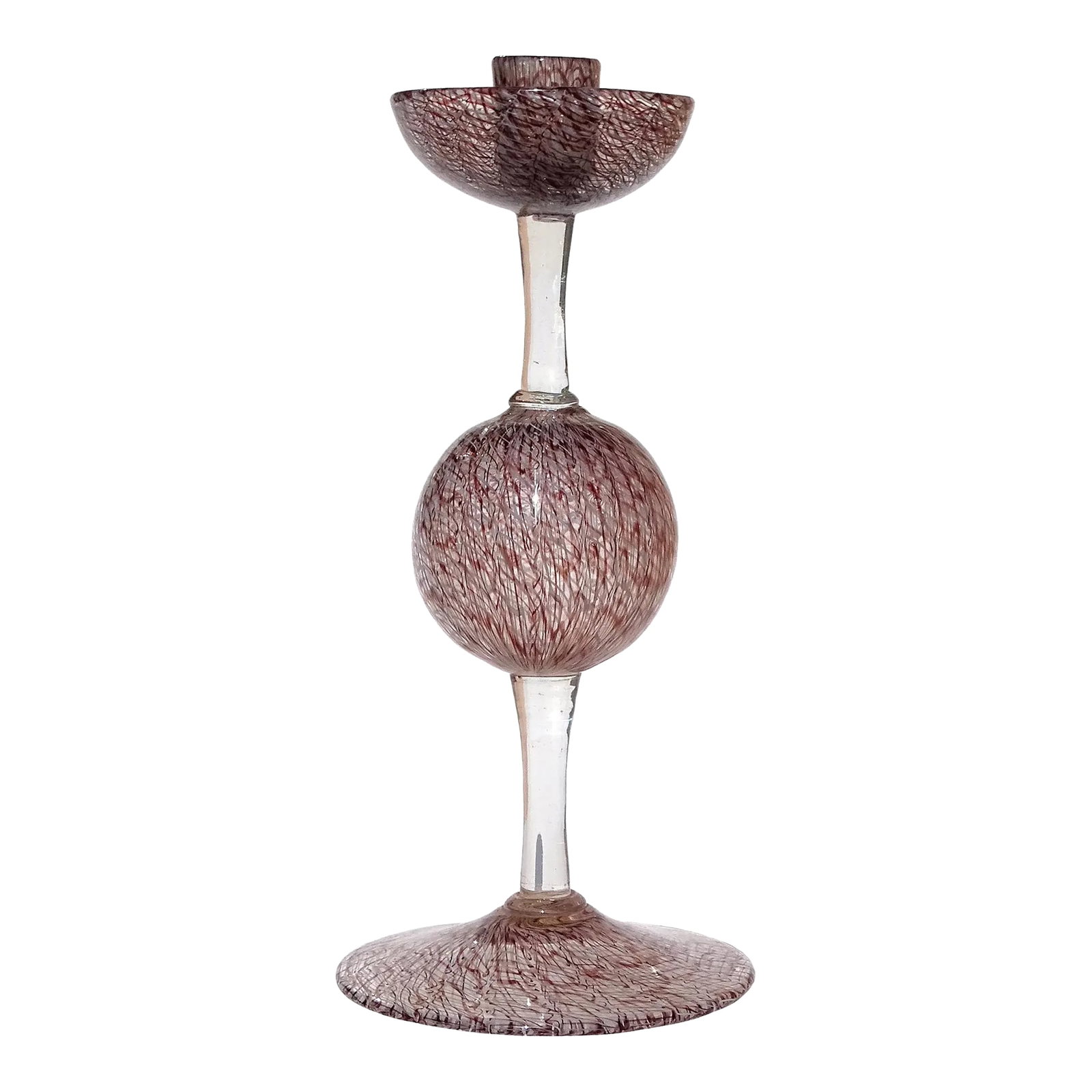 Vintage Murano Archimede Seguso 1952 Purple White Merletto Ribbons Italian Art Glass Candlestick: Beautiful and rare, vintage Murano hand blown purple and white ribbons Italian art glass decorative candle holder. The piece is documented to designer Archimede Seguso, circa 1952. Created in the "Mer