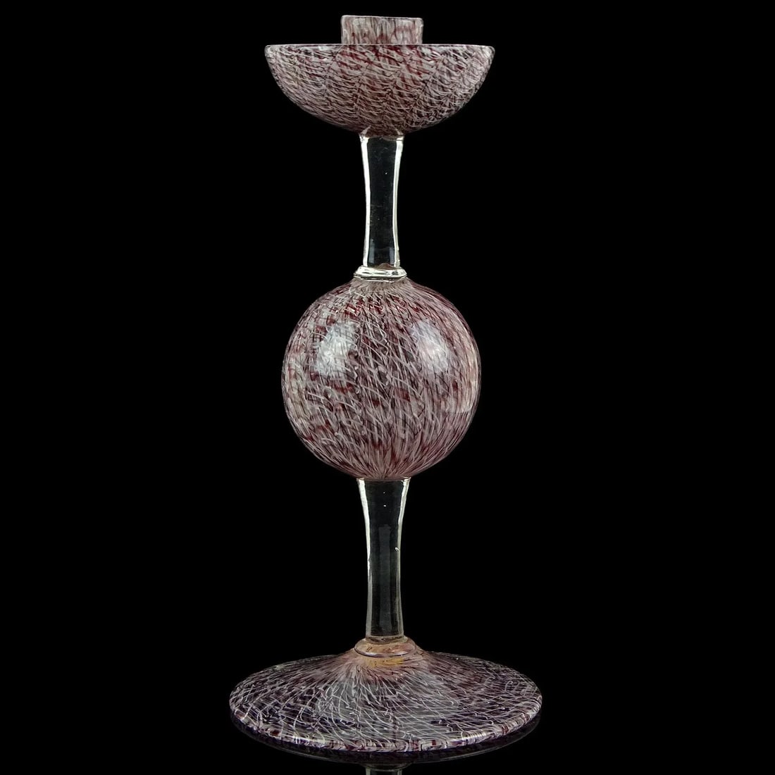 Vintage Murano Archimede Seguso 1952 Purple White Merletto Ribbons Italian Art Glass Candlestick - 2