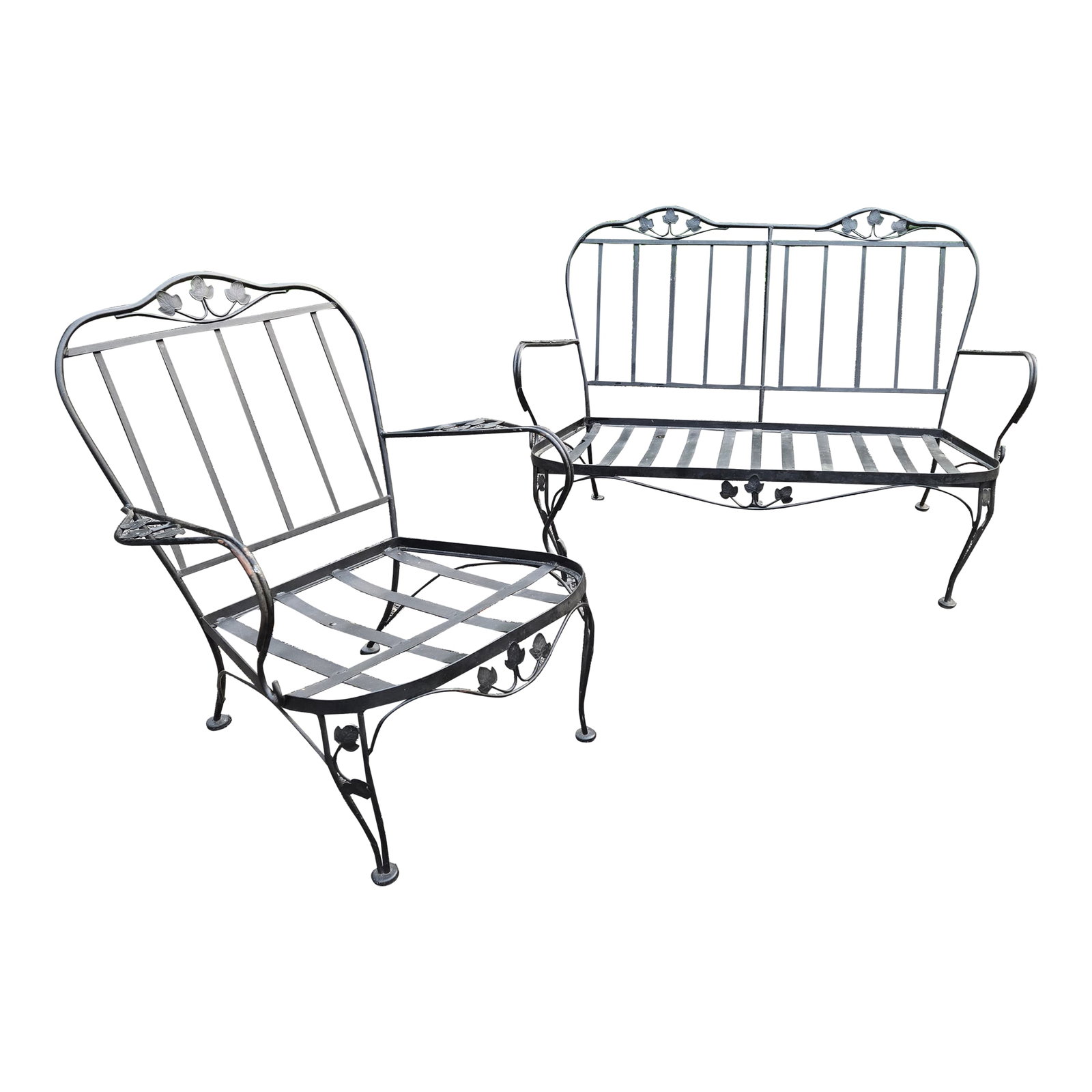 Vintage Wrought Iron Outdoor Patio Furniture: Vintage Wrought Iron Patio Furniture 2 Piece Set that includes a 2 person loveseat and arm chair. Perfect for the garden, deck, terrace, or pool side. Featuring the Ivy Leaf pattern in the style of Wo
