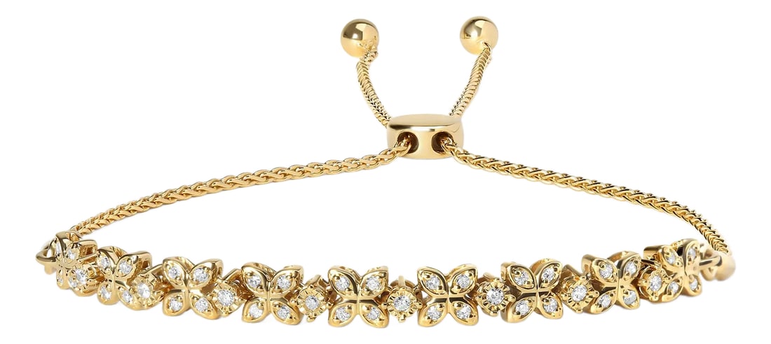 14K Yellow Gold Plated .925 Sterling Silver 1/4 Cttw Diamond Marquise Shaped Link 4"-10" Adjustable: Indulge in the luxurious beauty of this stunning diamond marquise shaped link bolo bracelet. Crafted from 14K yellow gold plated .925 sterling silver, this exquisite piece features 44 round diamonds,