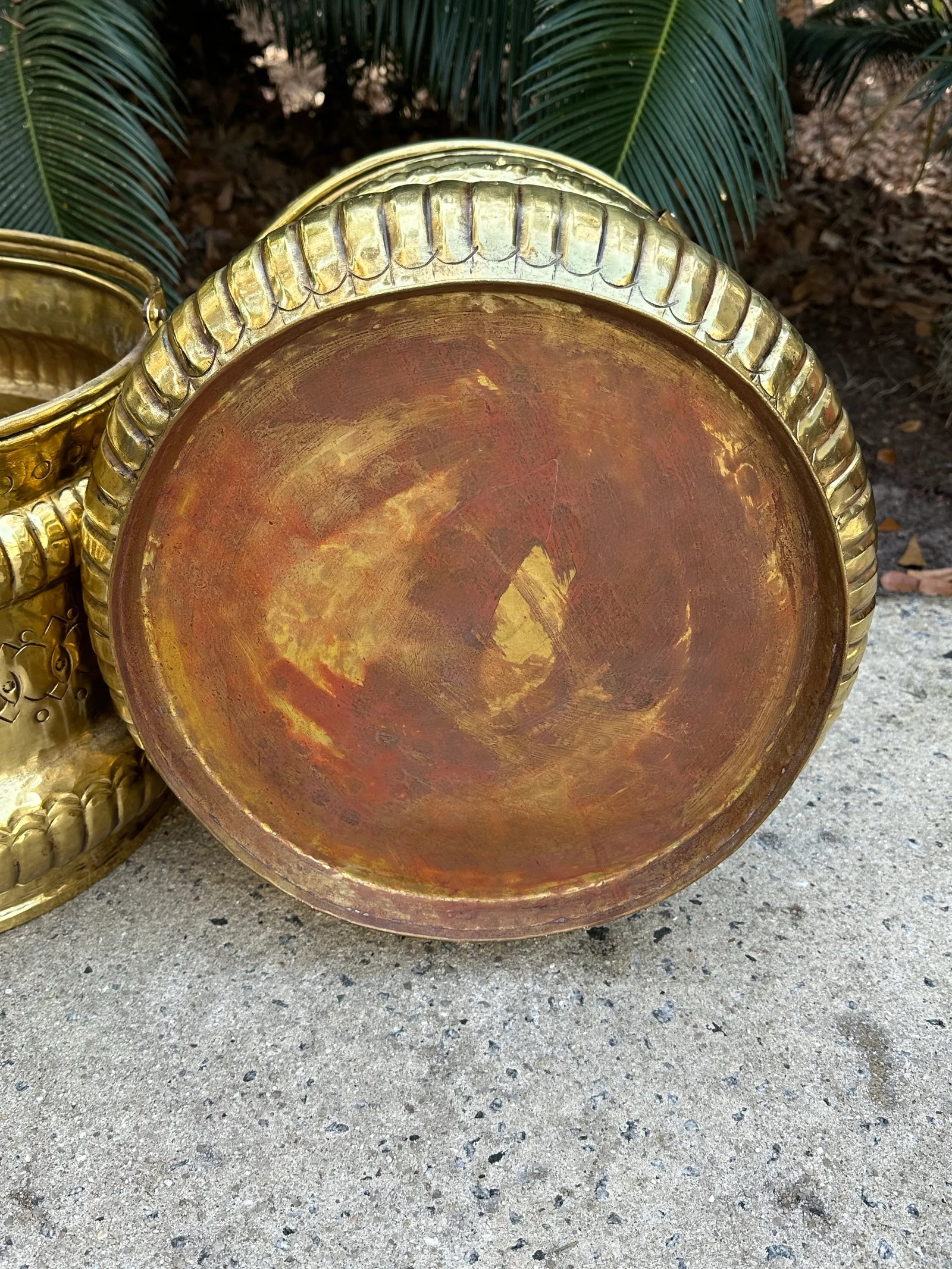 French Hammered and Embossed Brass Jardinieres - a Pair - 11