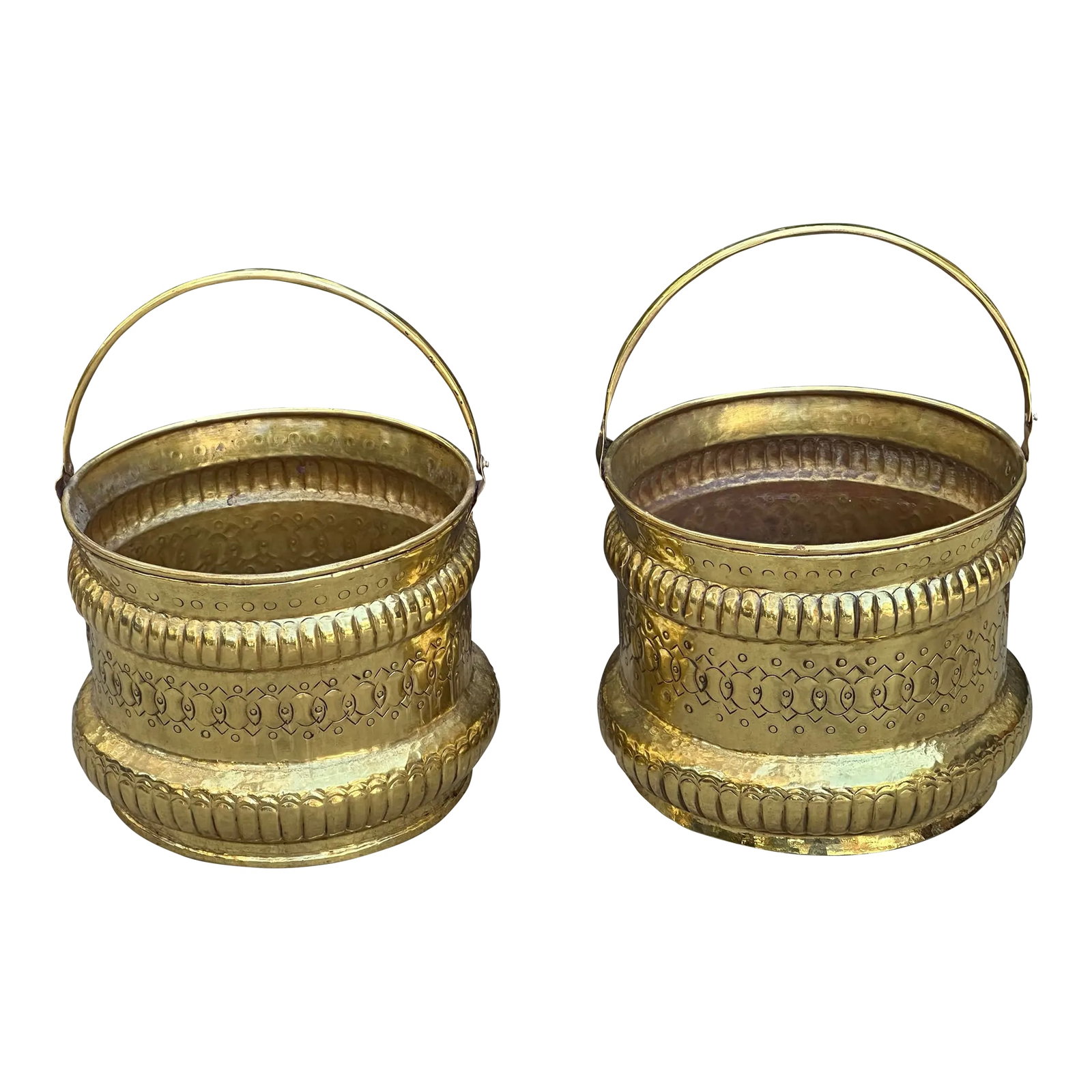 French Hammered and Embossed Brass Jardinieres - a Pair: Attractive pair of decorative French Jardinieres made of hammered and embossed brass from the Bresse Region. These are large nice and large measuring 13" tall, (21" tall to top of handle) 11" wide.