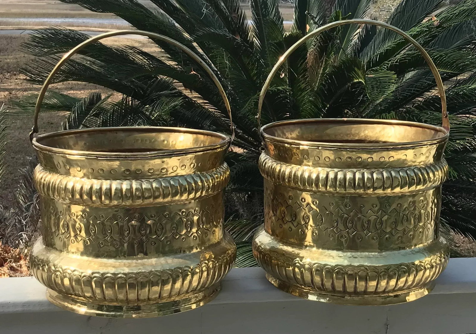 French Hammered and Embossed Brass Jardinieres - a Pair - 2