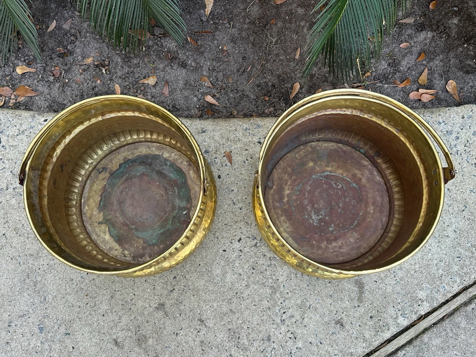 French Hammered and Embossed Brass Jardinieres - a Pair - 6