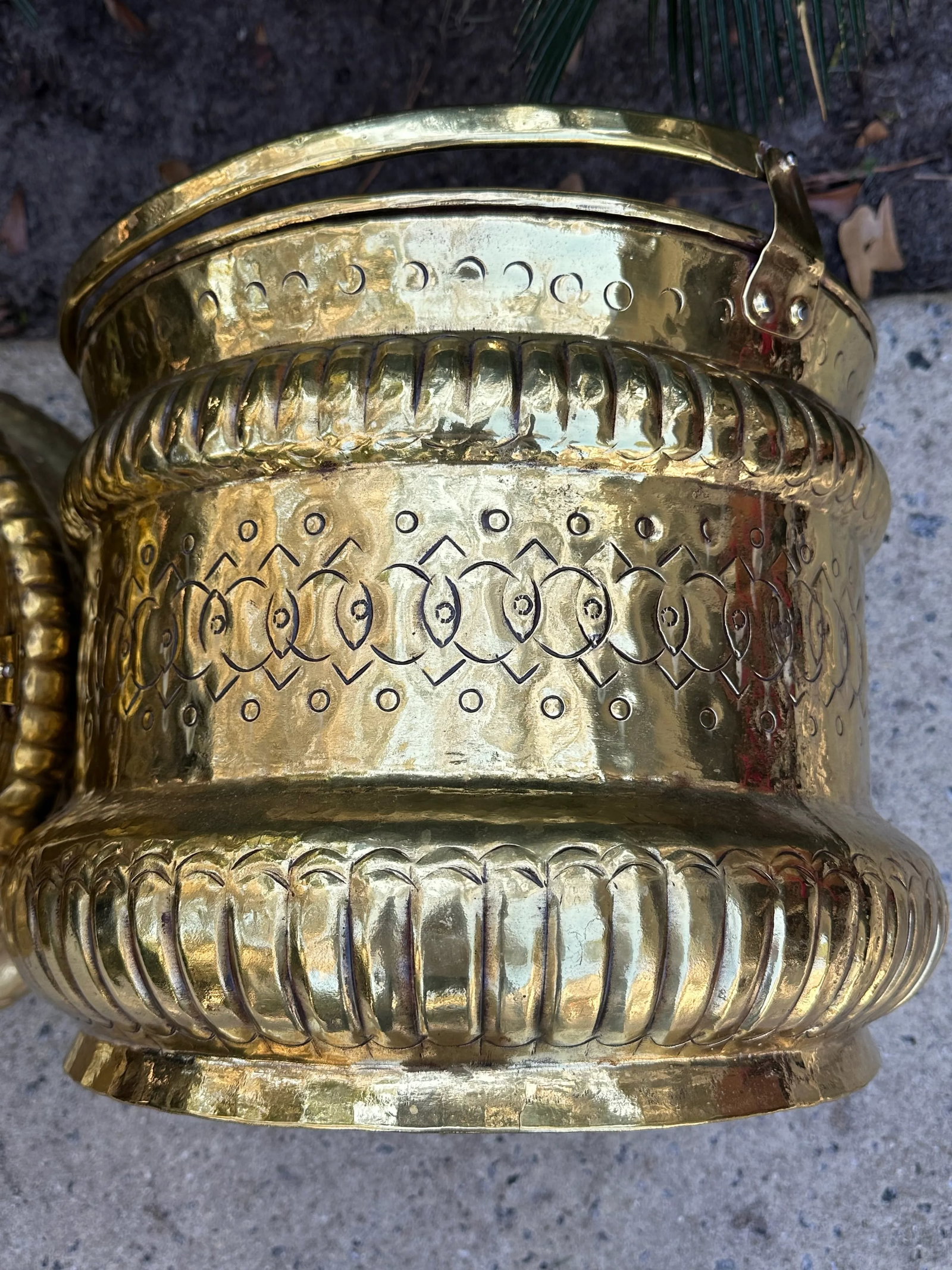 French Hammered and Embossed Brass Jardinieres - a Pair - 8