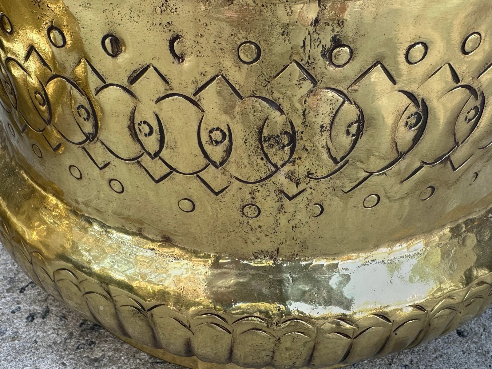 French Hammered and Embossed Brass Jardinieres - a Pair - 9