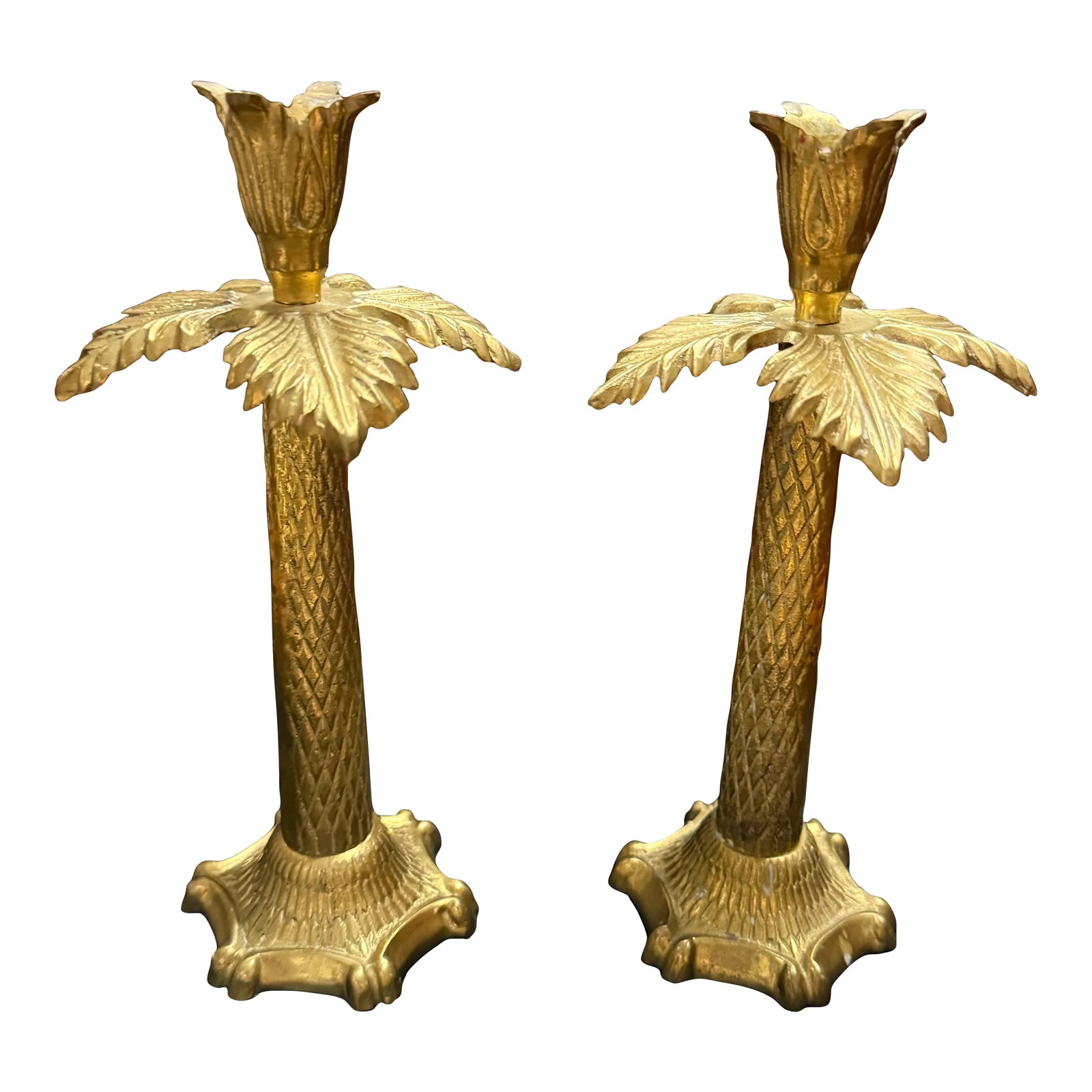 1970s Hollywood Regency Palm Tree Candle Stick Holders - a Pair: A fantastic pair of polished brass candle stick holders with clean, pretty lines. Hollywood regency, Palm Beach Chic. Made in India. Circa 1970. Style of Maitland-Smith Condition: Alterations: