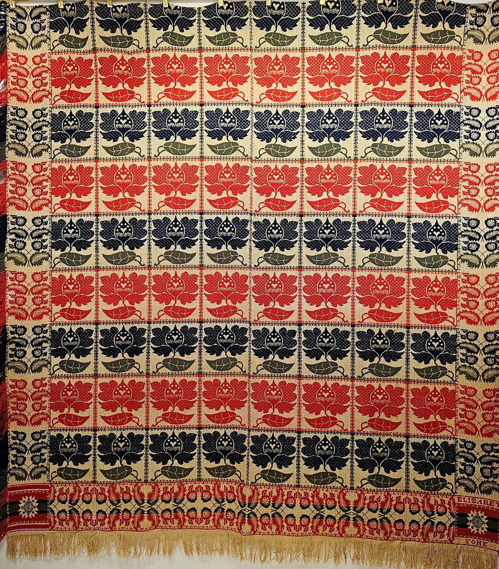 1840s Handwoven American Coverlet, Floral Motif, Signed Elizabeth Yohe - 8