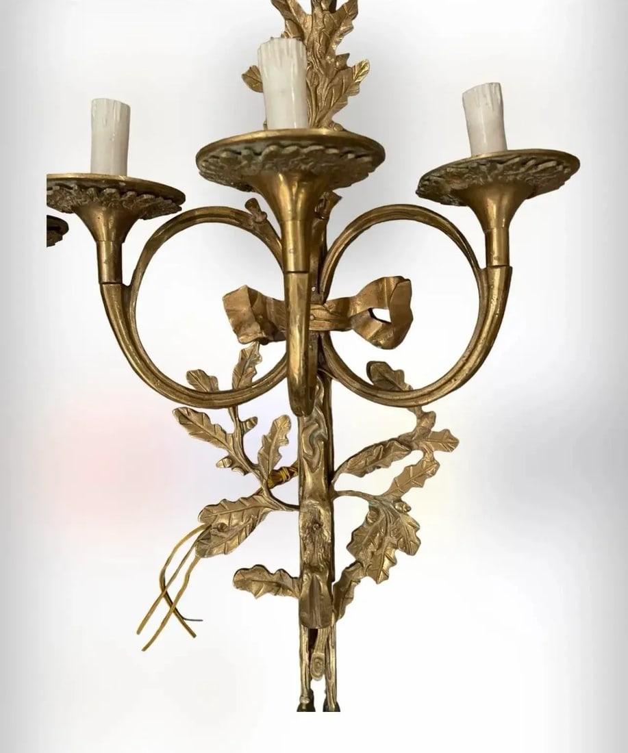 French Louis XVI Style Brass Wall Sconce Set of Two - 2