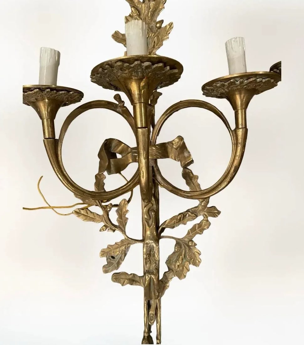 French Louis XVI Style Brass Wall Sconce Set of Two - 3