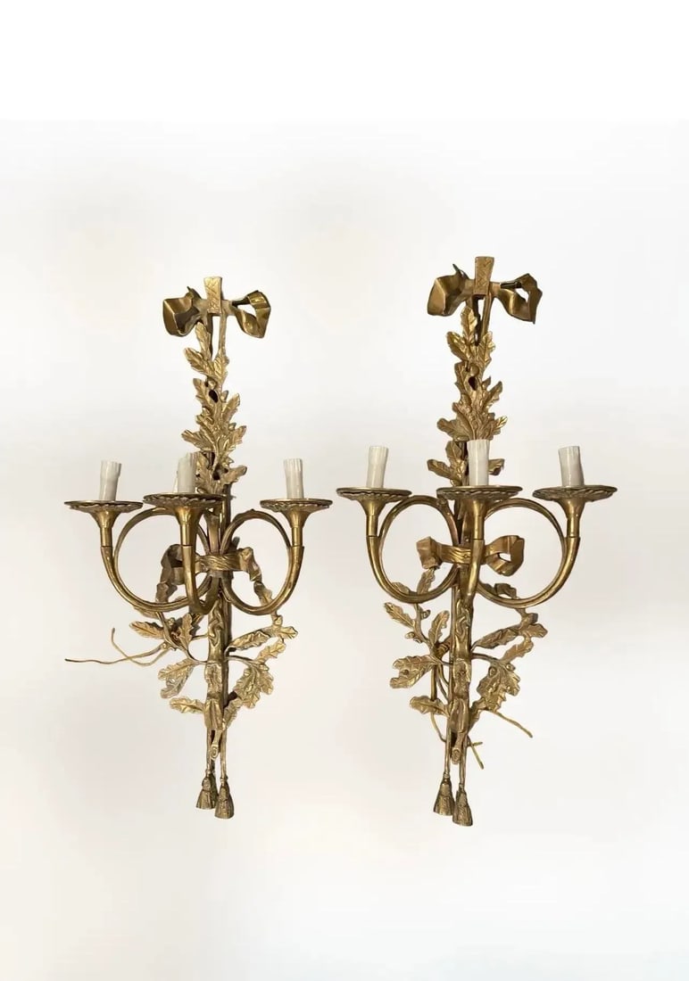 French Louis XVI Style Brass Wall Sconce Set of Two - 5
