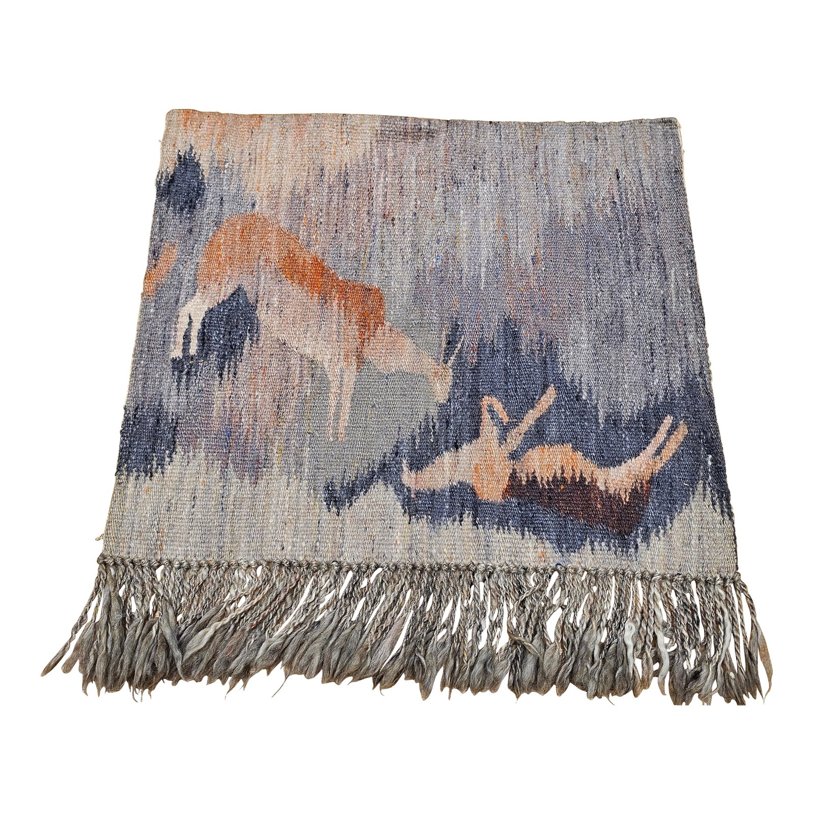 Vintage Hand Woven African Mohair Tapestry, "Reflection in Pond", Tribal Wall Art, 3' X 3': This captivating hand-woven mohair tapestry titled 'Reflection in Pond' is a stunning example of traditional tribal art from the Kingdom of Lesotho, Africa - one of the most distinctive and
