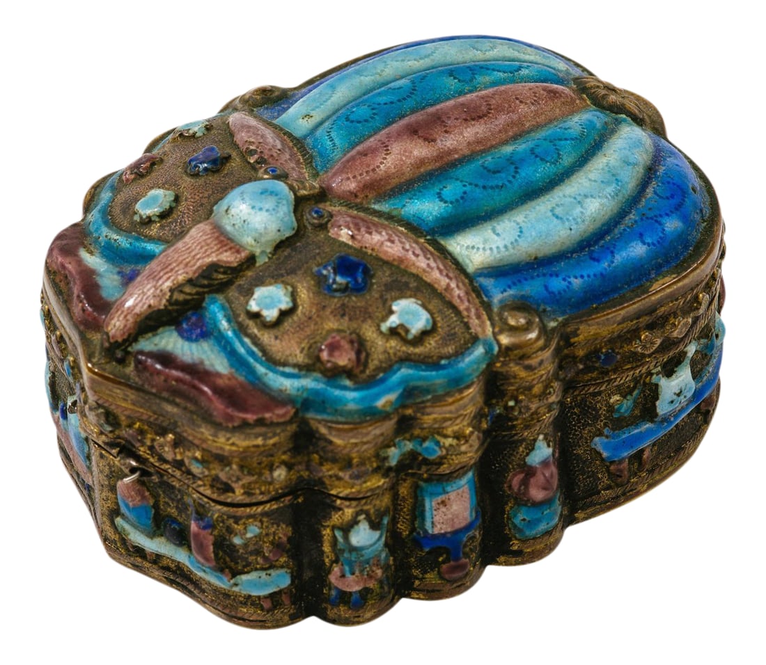 Antique Chinese Champleve Enamel Scarab Jewelry Box: Finely detailed champleve scarab shape box with gilt wash interior. Traces of antique mirror on inner top. Rich colors of blue, turquoise purple finely enameled all around box. Condition: Alterations: