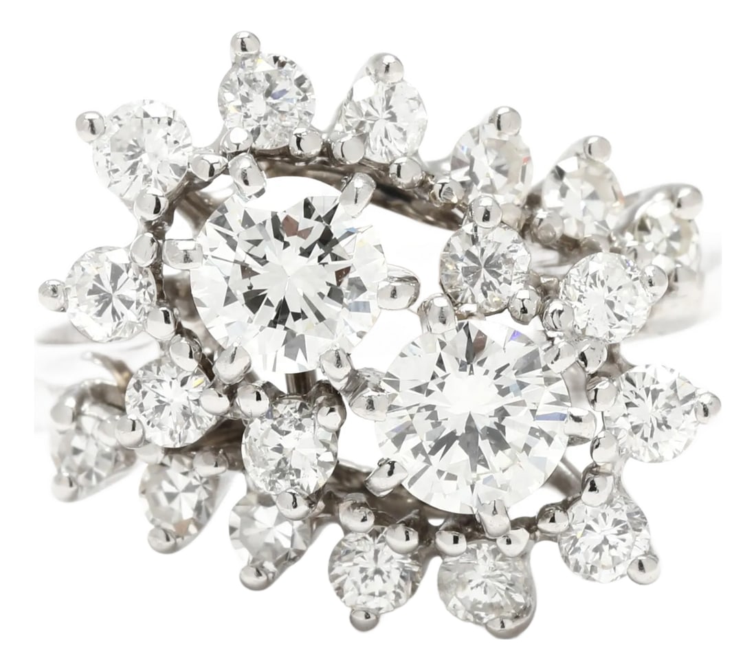 1.08ctw Diamond Cluster Ring, 14k White Gold, Ring Size 4.5: Stones: diamond round brilliant cut/ single cut 1.8 - 4.4 mm approximately 1.08 total carats FG color/ VS2-I1 clarity Ring Size 4.5 Rise Off Of Finger: 6.7 mm Length: 15 mm Weight: 2.4 dwts. / 3.7 gra