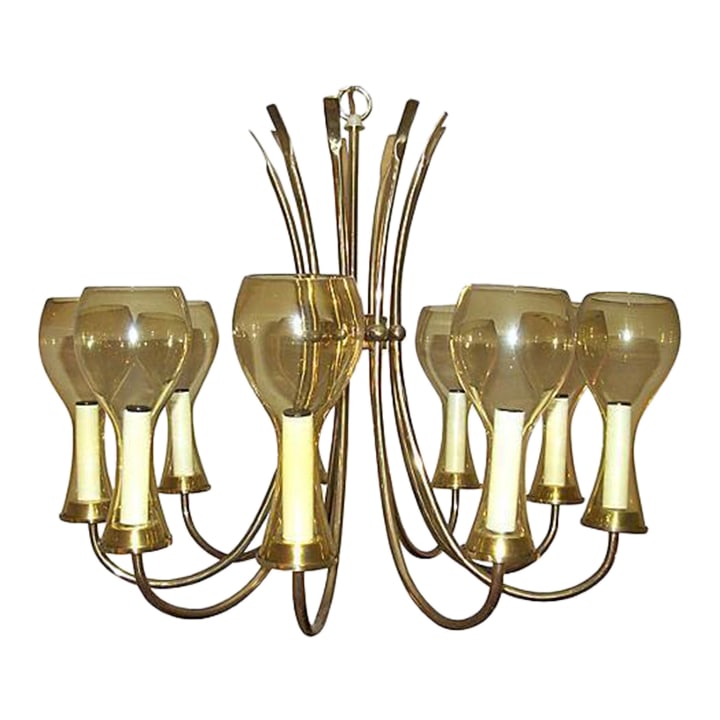 Mid-Century Brass Chandelier 9 Light Amber Glass (1 of 3)