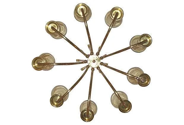 Mid-Century Brass Chandelier 9 Light Amber Glass - 2