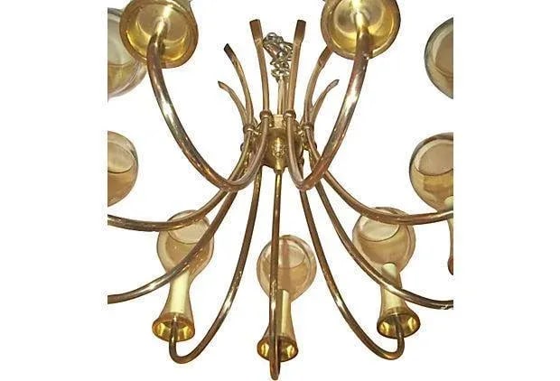 Mid-Century Brass Chandelier 9 Light Amber Glass - 3