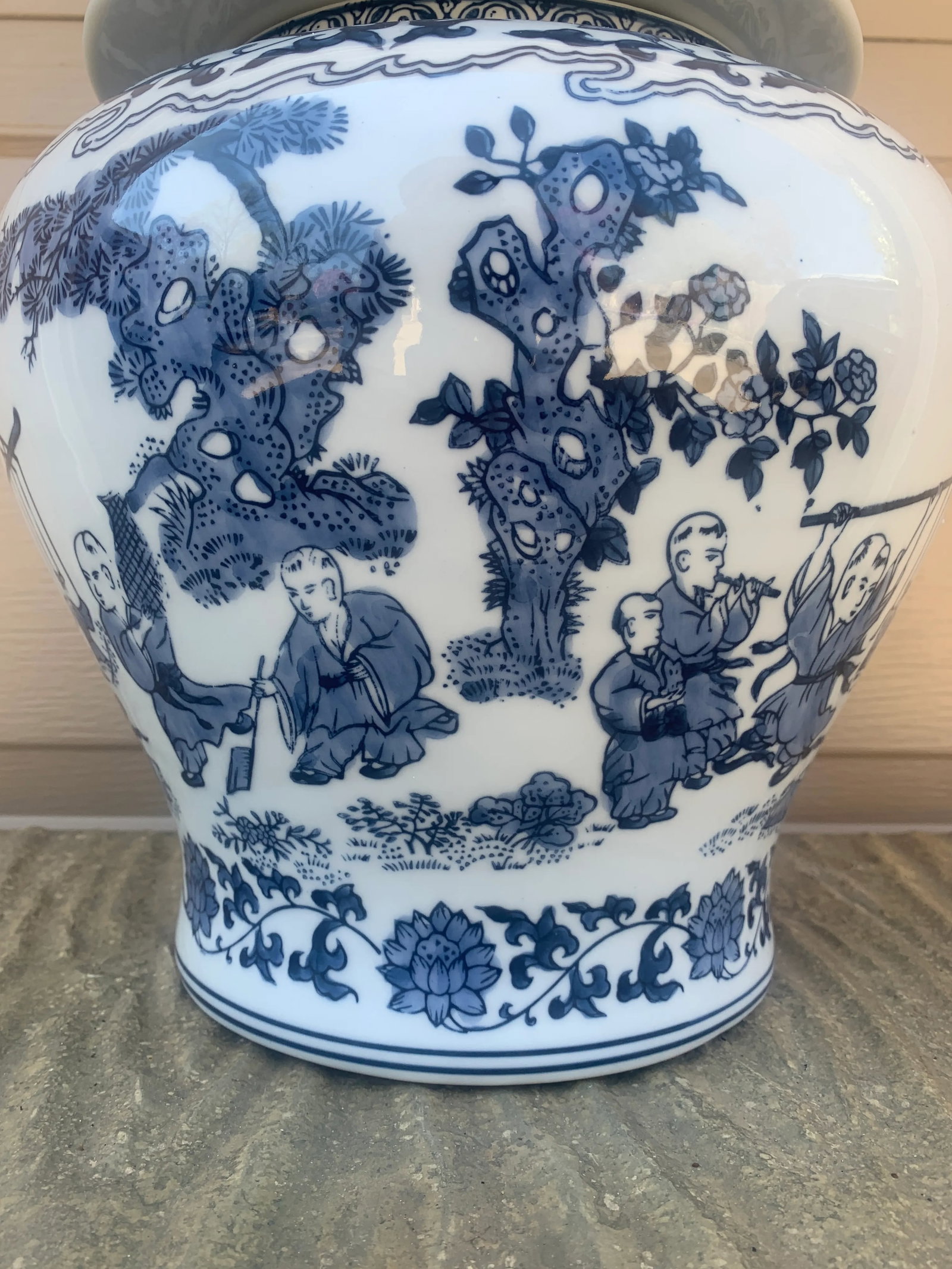 Vintage Chinoiserie Large Blue and White Porcelain Covered Jars- a Pair - 11