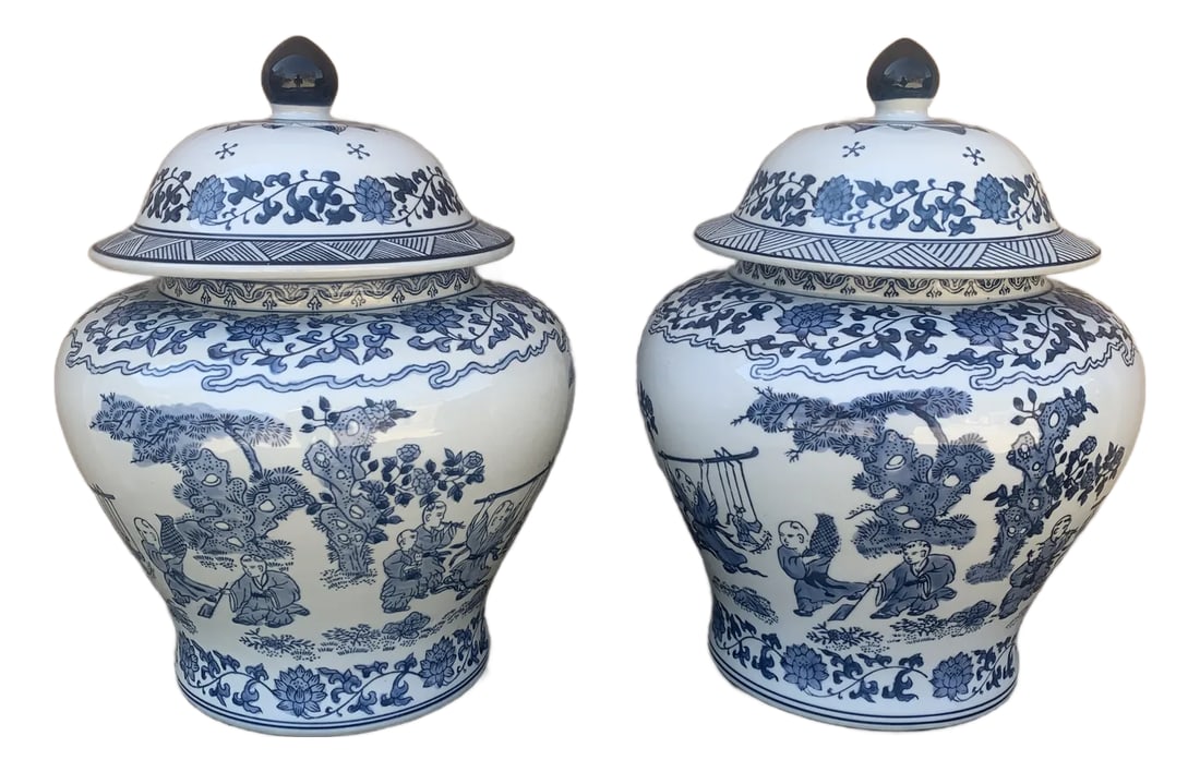Vintage Chinoiserie Large Blue and White Porcelain Covered Jars- a Pair (1 of 11)
