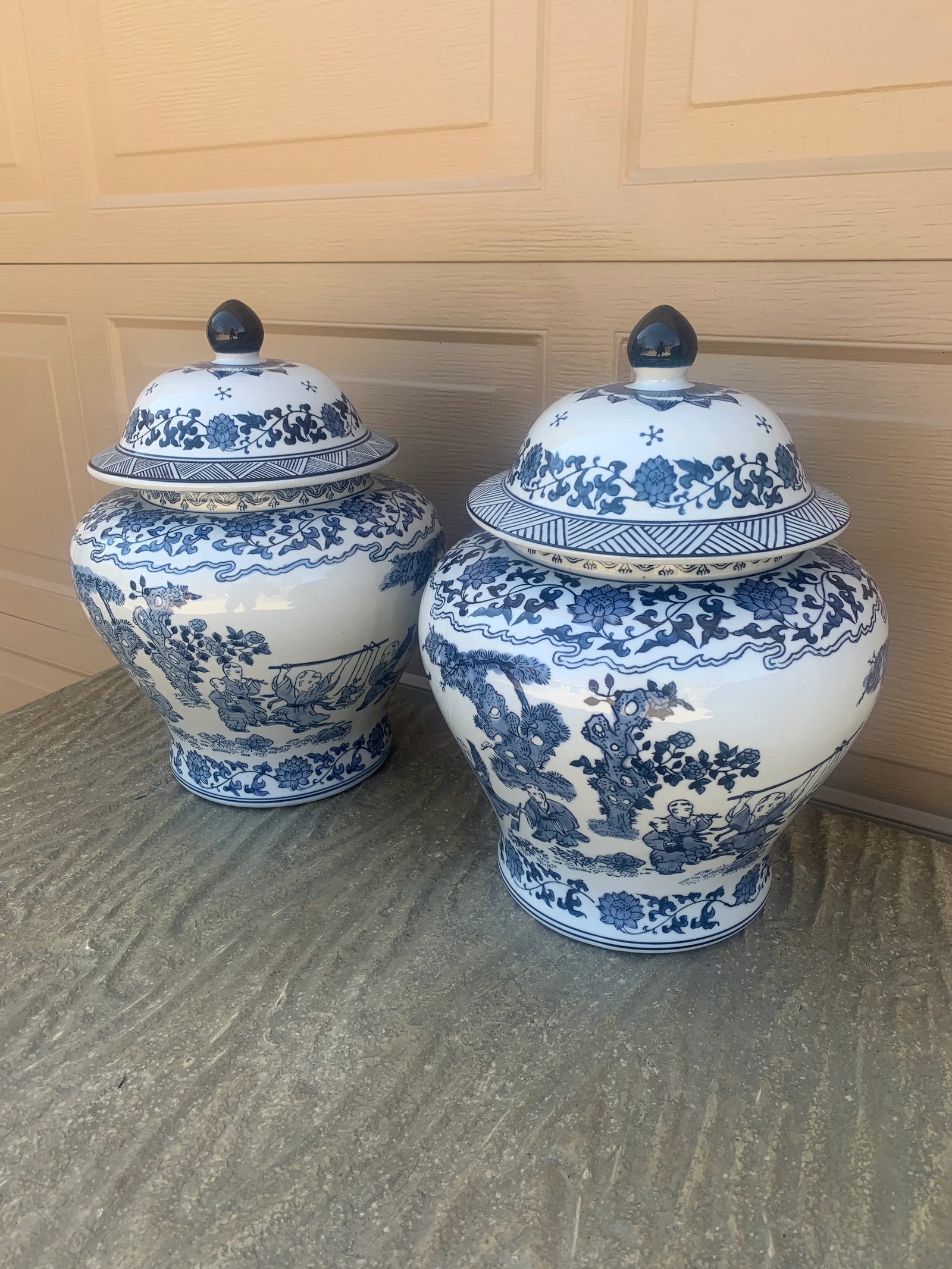 Vintage Chinoiserie Large Blue and White Porcelain Covered Jars- a Pair - 2