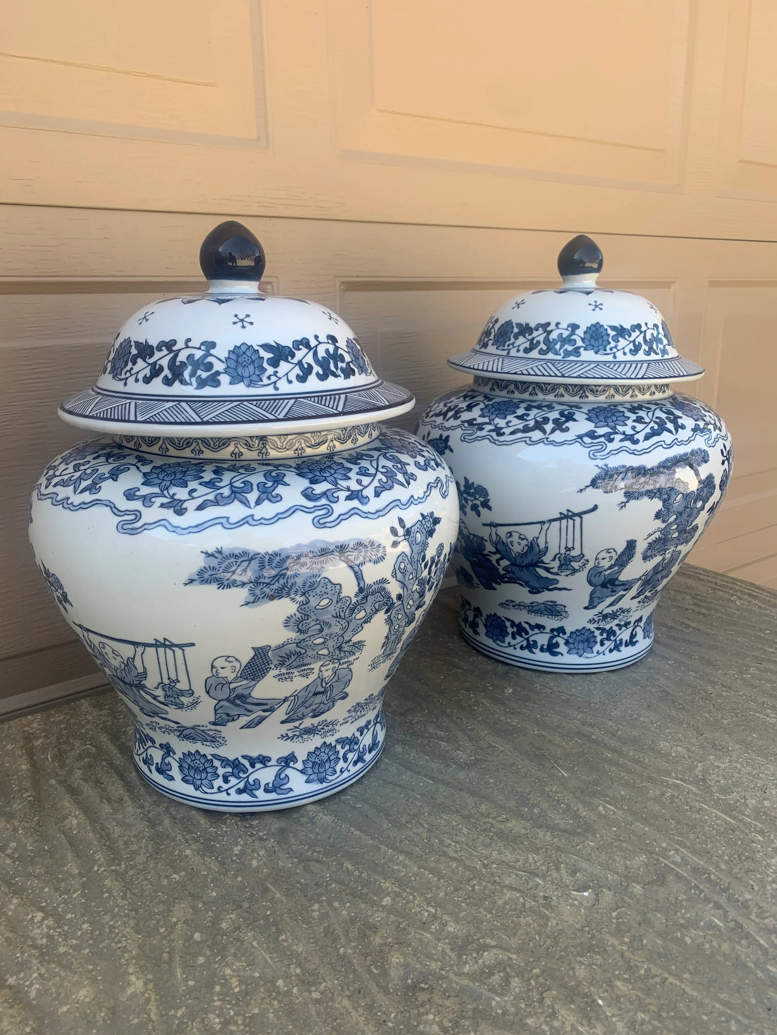Vintage Chinoiserie Large Blue and White Porcelain Covered Jars- a Pair - 3