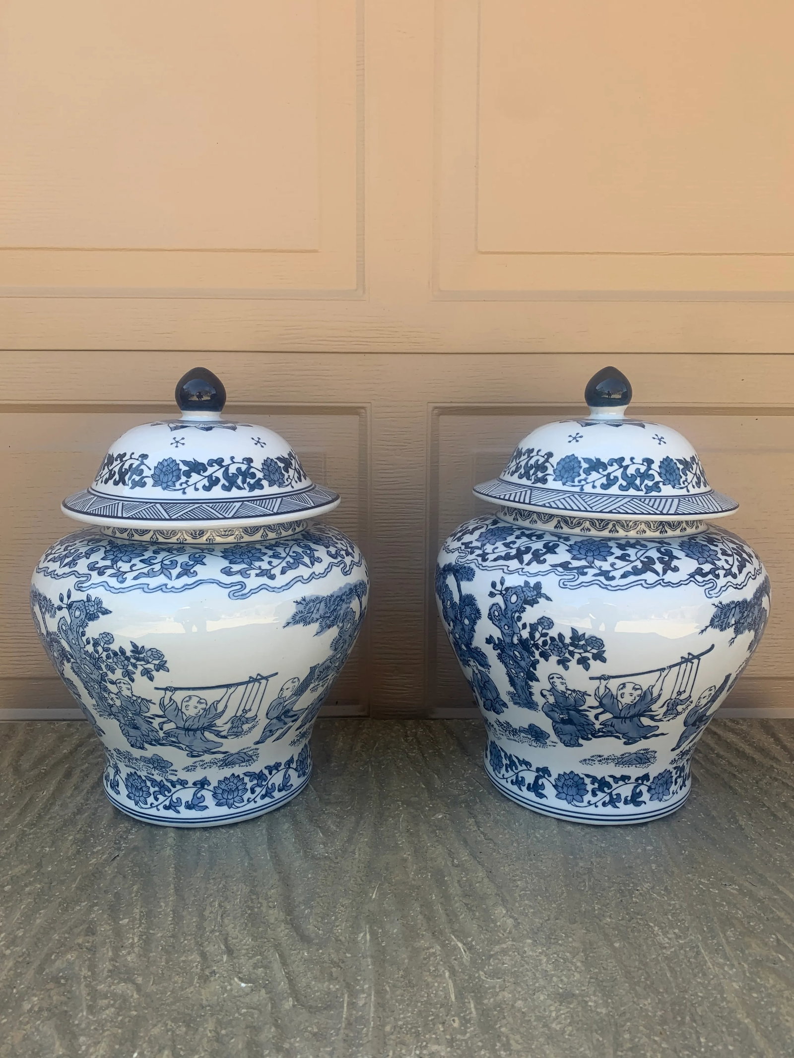 Vintage Chinoiserie Large Blue and White Porcelain Covered Jars- a Pair - 4