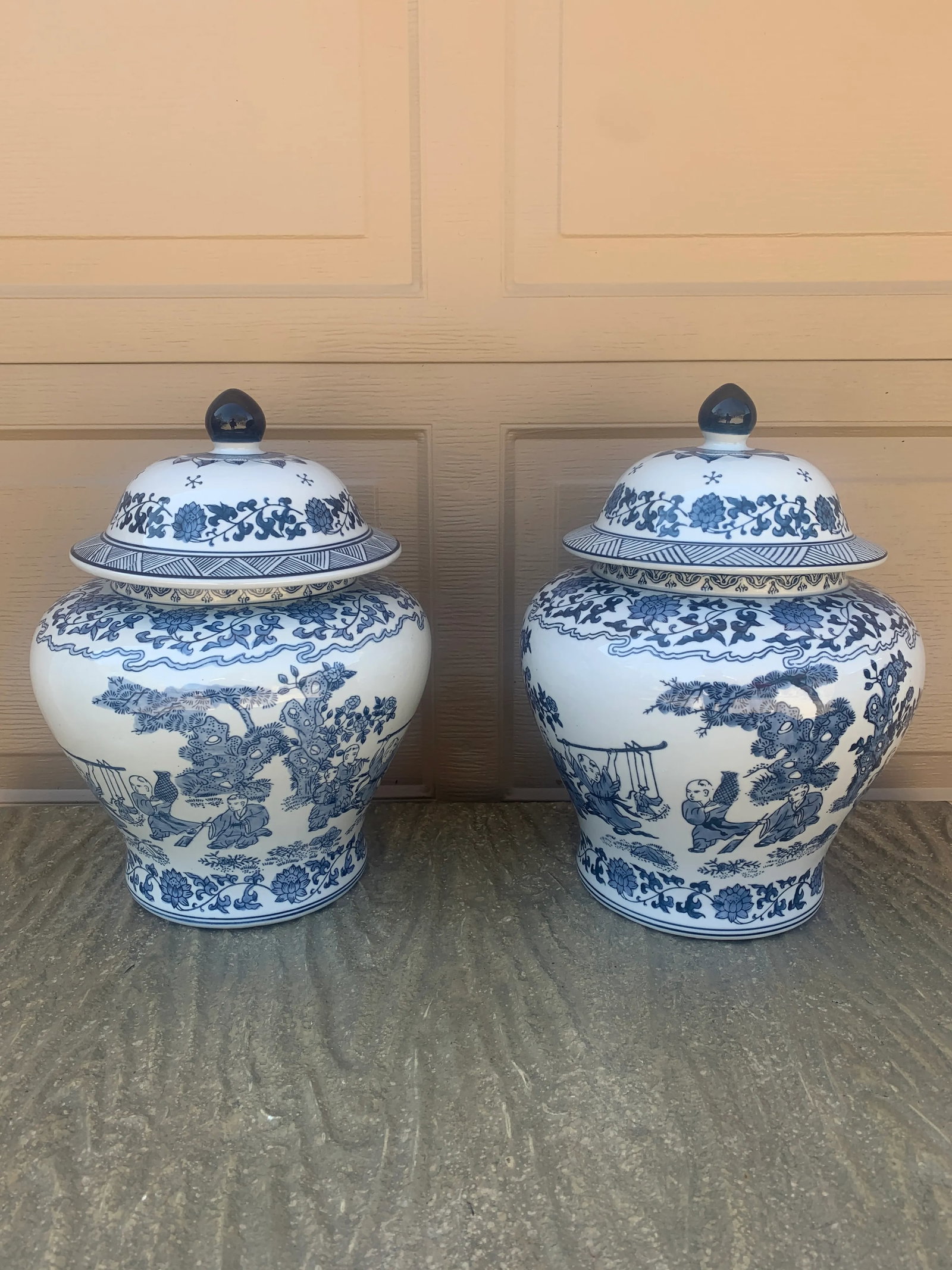 Vintage Chinoiserie Large Blue and White Porcelain Covered Jars- a Pair - 5