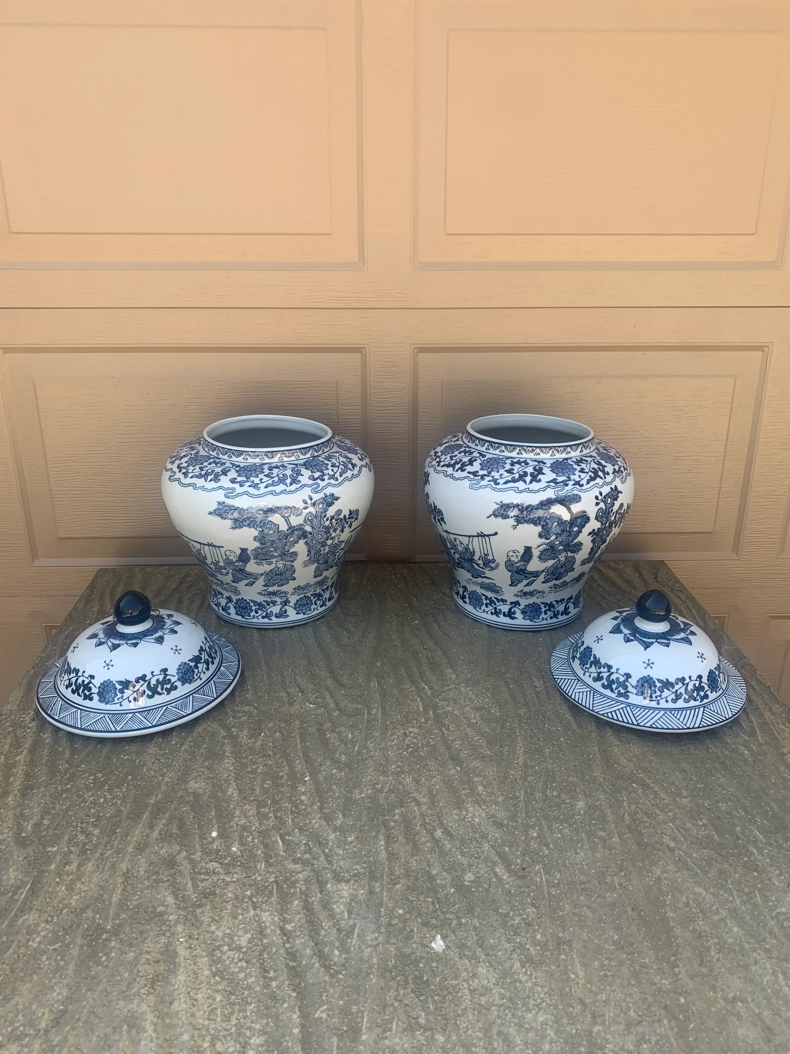 Vintage Chinoiserie Large Blue and White Porcelain Covered Jars- a Pair - 7