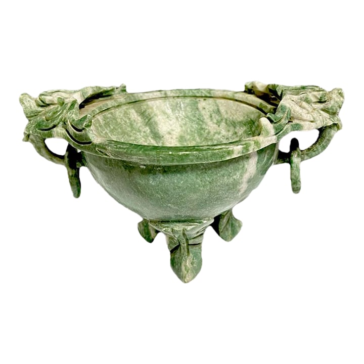 Spinach Jade Incense Burner, Marriage Bowl: Spinach Jade incense burner, marriage bowl. Diametrically opposed and also joined dragons. Symbolic of marriage and the unity between two souls. The item is 7 x 3.2 inches and weighs 704 grams. Consis