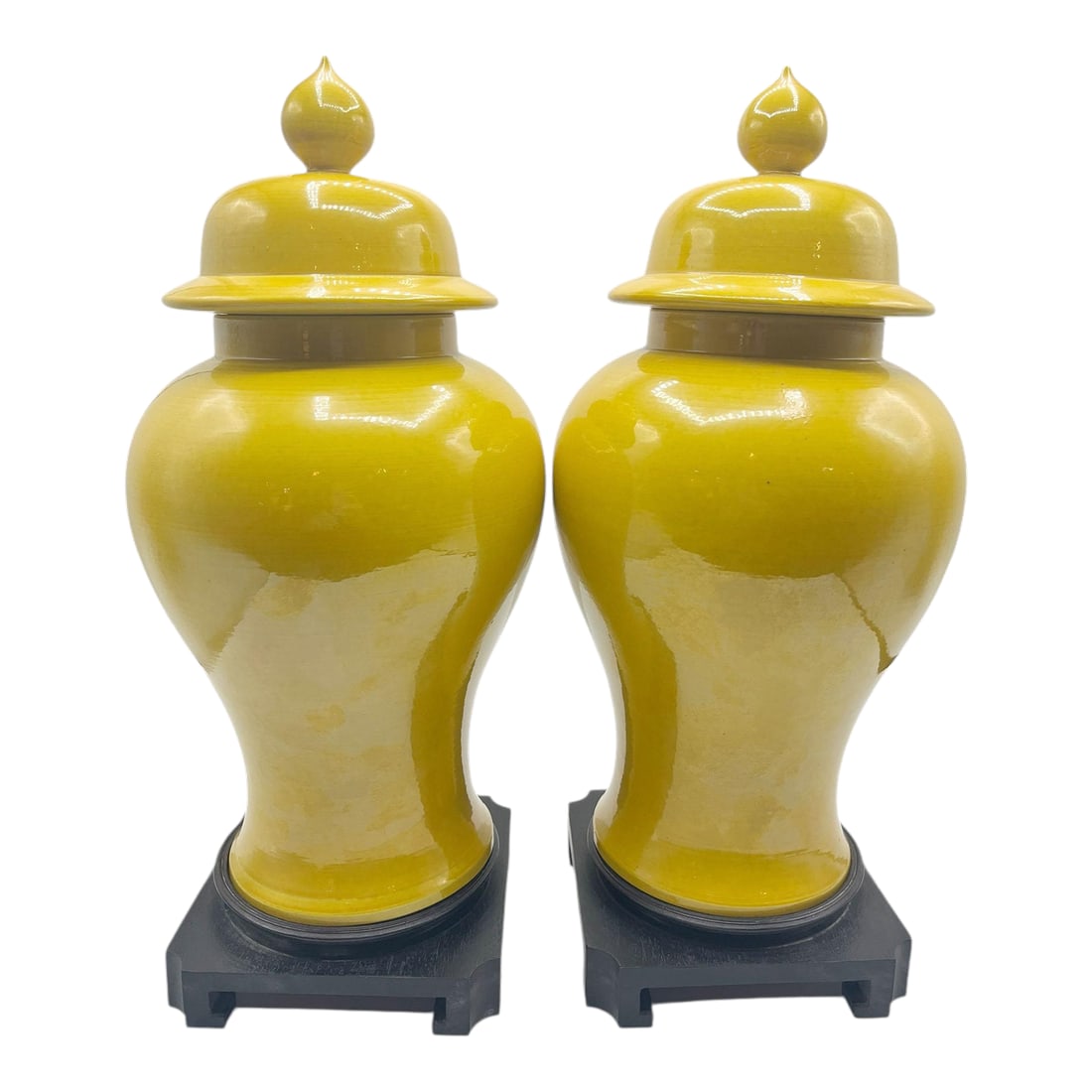 Vintage Japanese Lidded Urns - A Pair: A beautiful pair of Japanese lidded urns, each gracefully poised on its own custom wooden stand. These elegant vessels showcase traditional craftsmanship with a rich glaze and classic form. Perfect fo