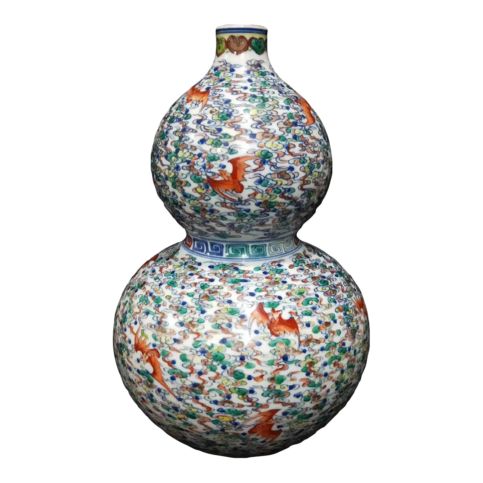 Mid 19th Century Chinese Porcelain Vase Qing Dynasty Qianlong Marked Blue and White Doucai Porcelain: This Chinese Vintage Porcelain Vase is a beautiful and rare find. Hand-painted with a bat pattern, this vase boasts a unique double-gourd shape and delicate Doucai porcelain technique. With a Qing Dyn