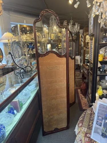 Antique Art Nouveau French Style Three Panel Dressing Screen With 3 Glass Panels - 2