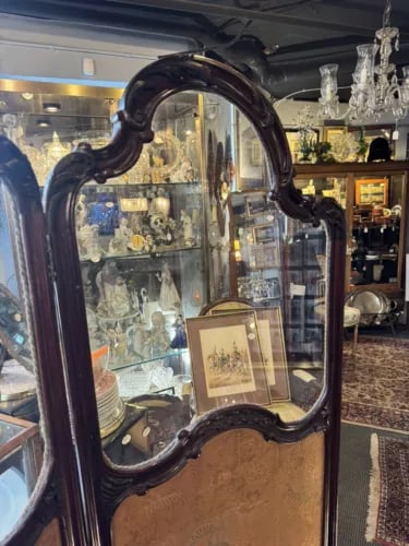 Antique Art Nouveau French Style Three Panel Dressing Screen With 3 Glass Panels - 4