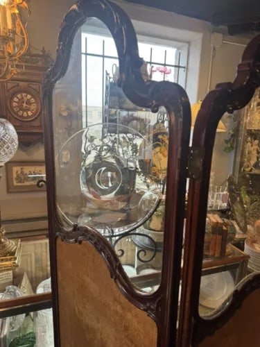 Antique Art Nouveau French Style Three Panel Dressing Screen With 3 Glass Panels - 6