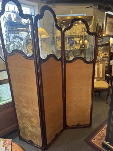 Antique Art Nouveau French Style Three Panel Dressing Screen With 3 Glass Panels - 7
