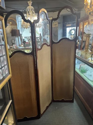 Antique Art Nouveau French Style Three Panel Dressing Screen With 3 Glass Panels - 8