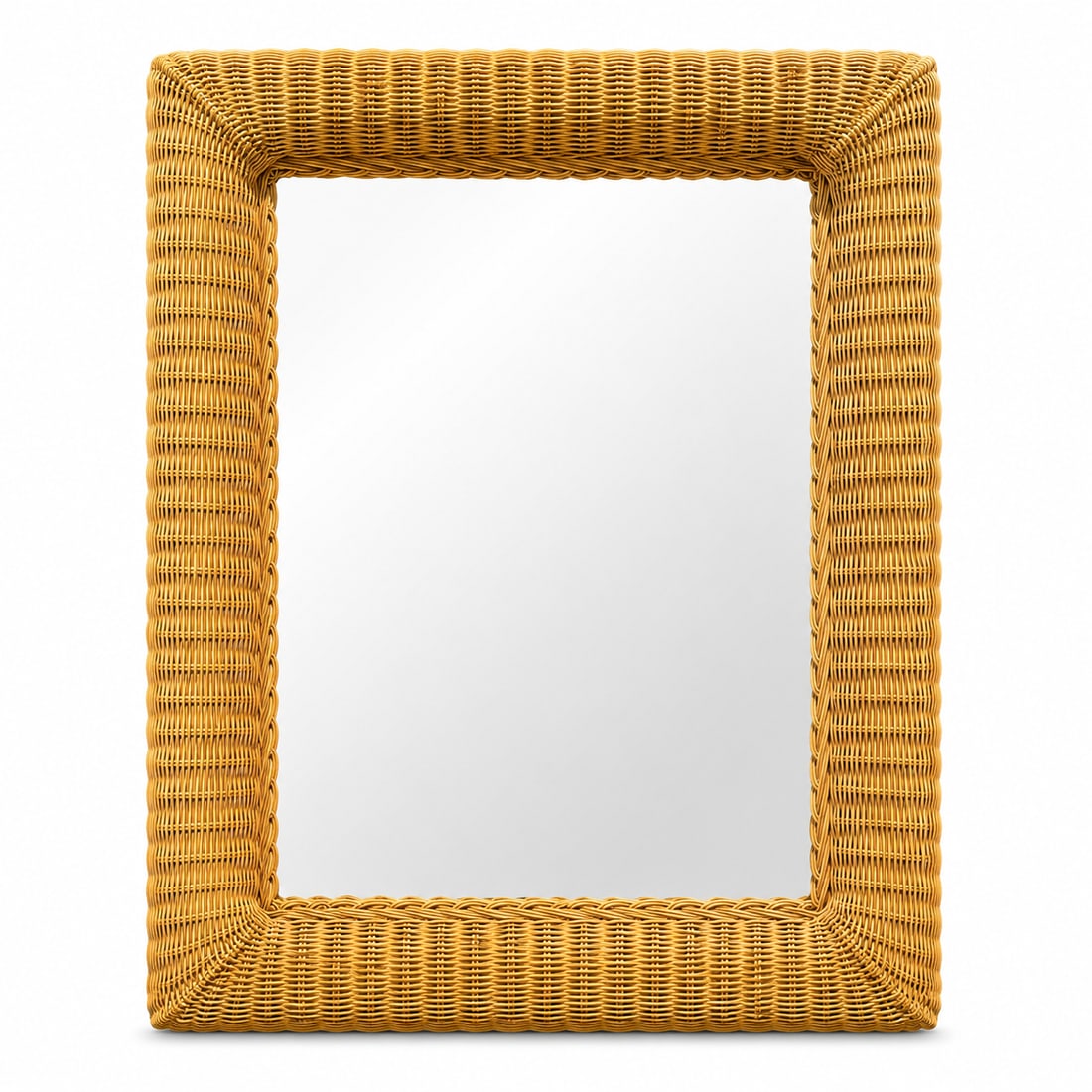 1980s Large Wall Mirror in Hand-Woven Wicker: Beautiful vintage wall mirror with a hand-woven coastal wicker frame. This piece is the perfect size for most walls, adding a touch of boho aesthetic to your living space. 27" width 34.5" height 2.5"