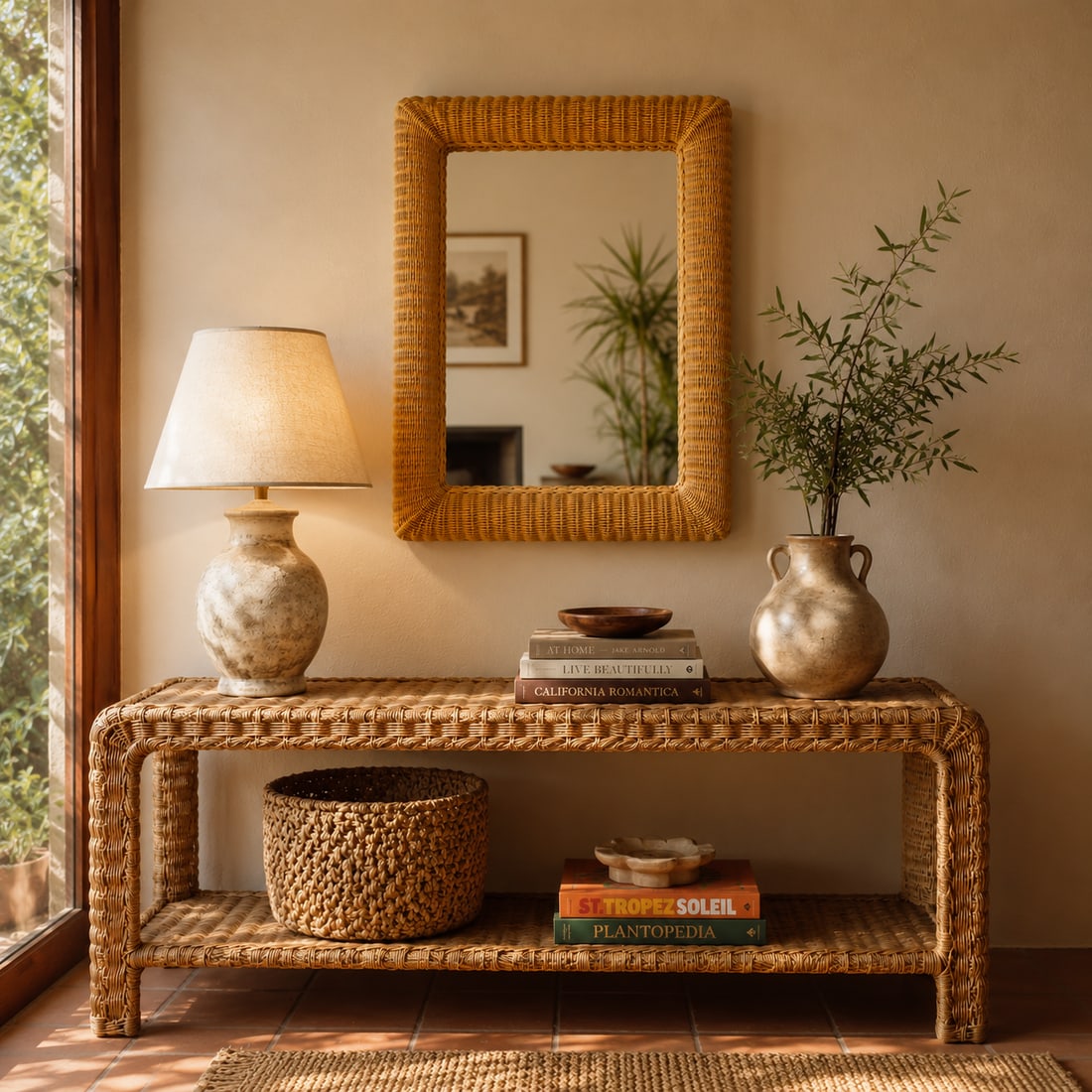 1980s Large Wall Mirror in Hand-Woven Wicker - 8