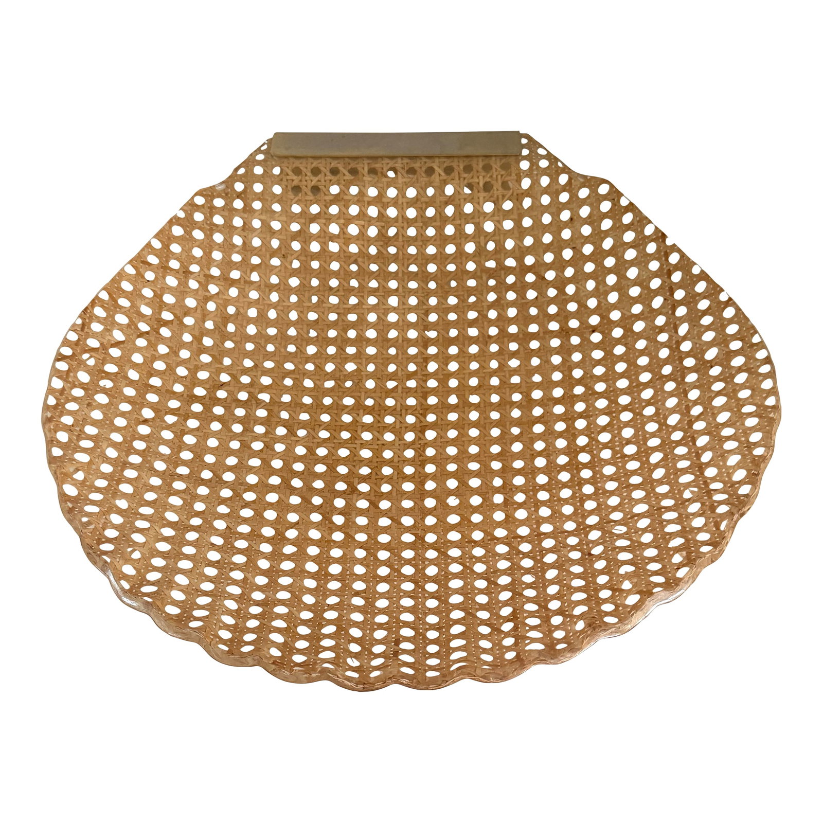 Italian Lucite Cannage Shell Shaped Bowl W" Brass Handle.: Large lucite cannage Vienna straw bowl with brass handle edge. Fluted edges to resemble a shell. Made in Italy for Christian Dior Home. Fantastic large size, great to hold fruit. Wipe able. Condition: