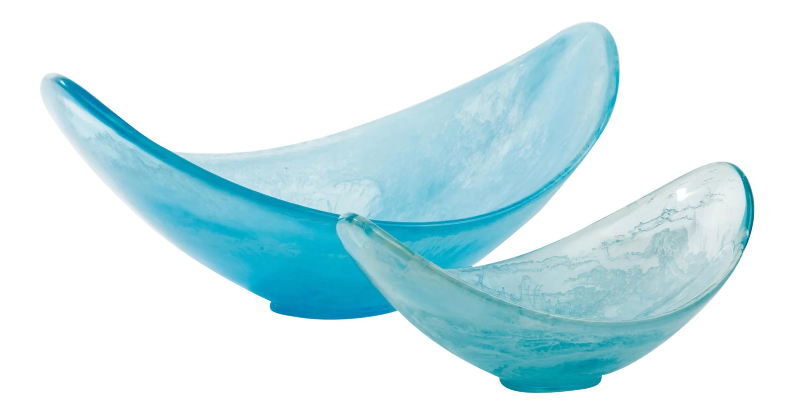 Aquamarine Acrylic Scoop Serving Bowl Set - a Pair: Set of graceful aquamarine acrylic scoop serving bowls. Large bowl measures 20.5 inches length x 13.5 inches depth x 9 inches height. Smaller bowl measures 13.5 inches length x 9 inches depth x 6