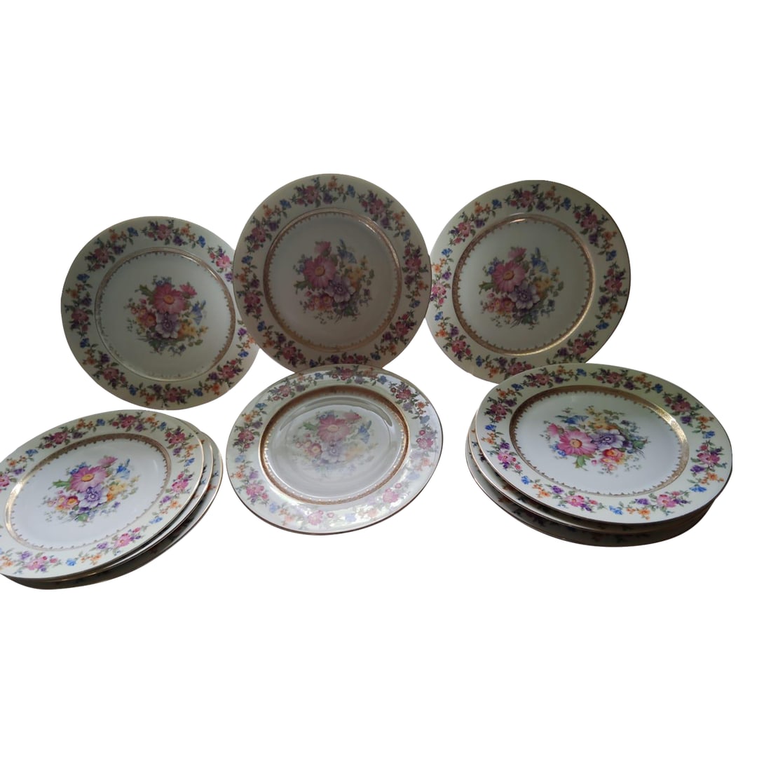 1960's Vintage Brigitta Dinner Plates with Gold Rim & Floral Design- Set of 10: Ref. # Cz 1930/10Photo 657 C Description : Set of 10 Cheerful Dinner Plates, Gold Rim & Rich Floral Design Pattern : Gold Rim & Rich Floral Design Size : 10 in. 25 cm. Made in : Czscho-Slovakia C.