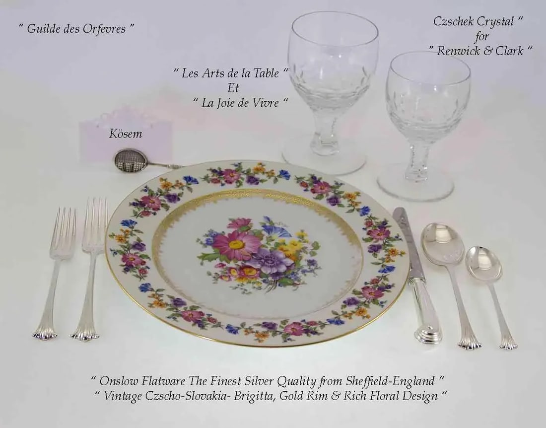 1960's Vintage Brigitta Dinner Plates with Gold Rim & Floral Design- Set of 10 - 8