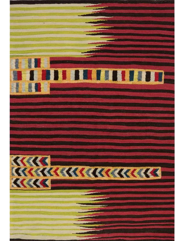 Handwoven Scandinavian Style Persian Kilim Area Rug - 4'1" * 5'9'': This bewitchingly beautiful example of a tribal Kilim area rug features a contemporary pop of electrifying bright colors in a playful mixed-weave design. The creative modern twist of a knotted-pile ac
