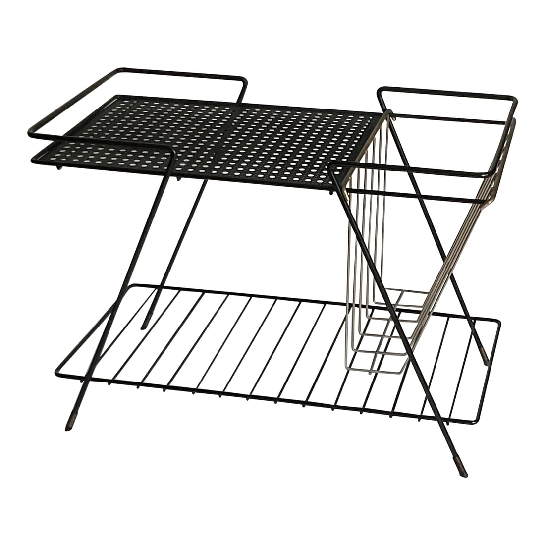 Vintage 1960s Mathieu Mategot Style Mid-Century Modern Magazine Rack Table: Authentic, vintage Mathieu Mategot style magazine rack table from the Mid-Century Modern era. It is made of metal, with a black frame and brass accents. Features two tiers, brass section may be remove